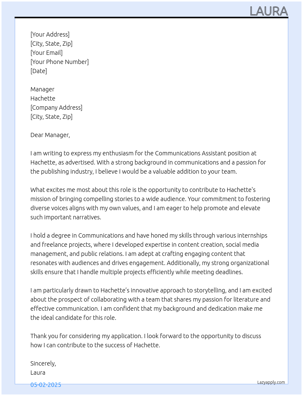 Cover letter for communications assistant - LazyApply
