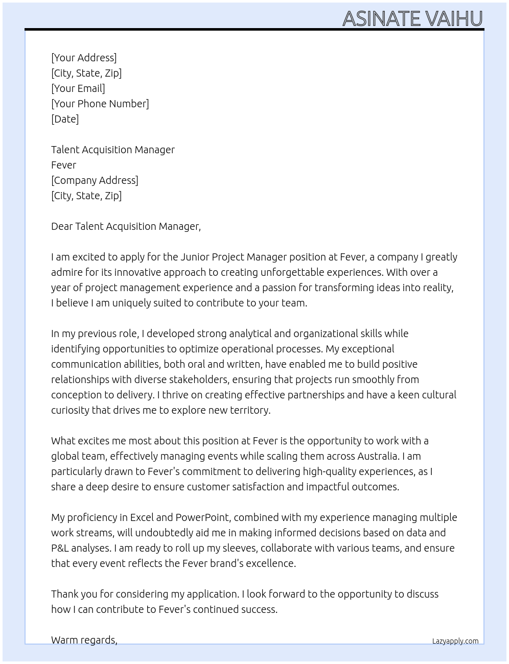 Cover letter for junior project manager - LazyApply
