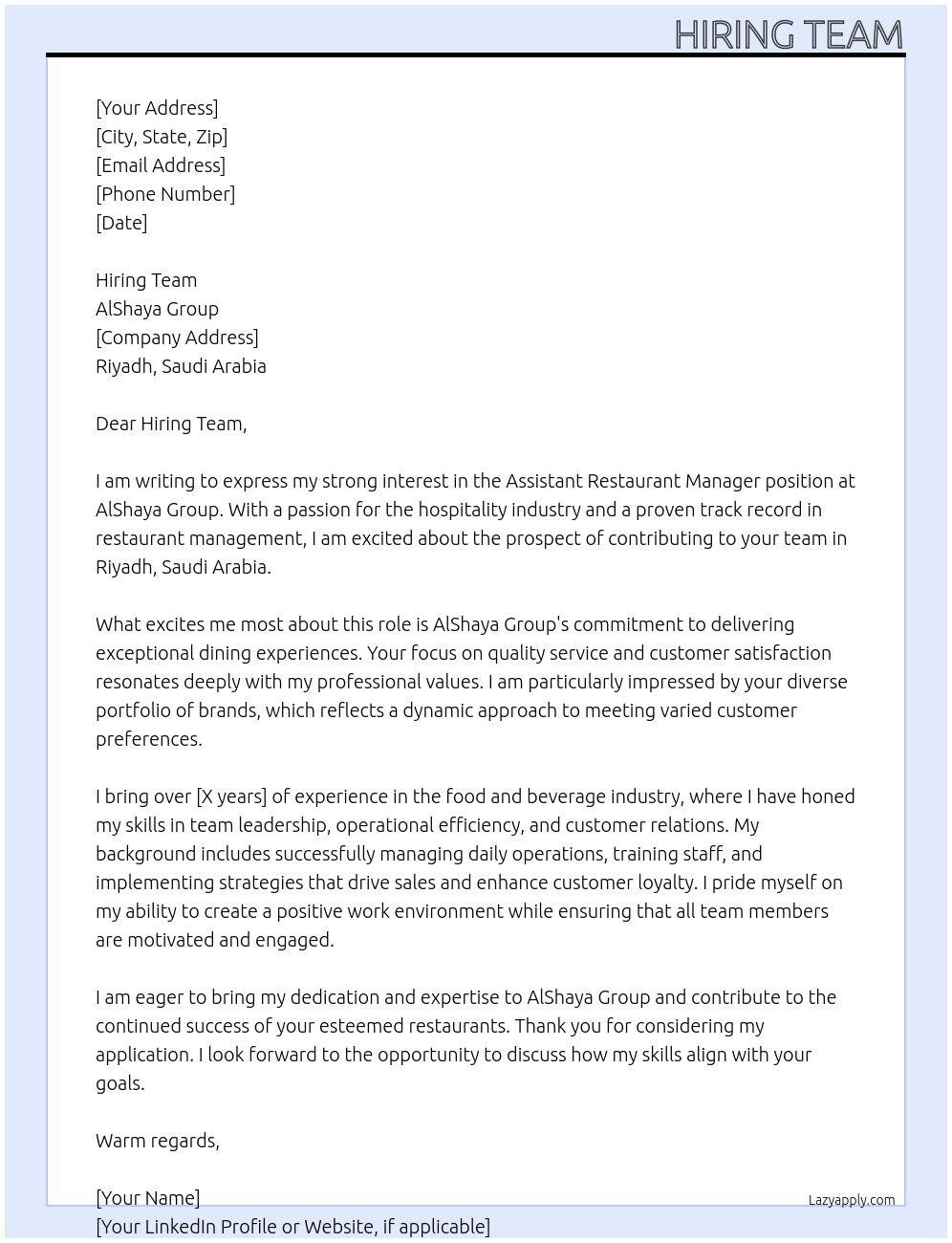 Assistant Restaurant Manager At AlShaya Group Cover Letter