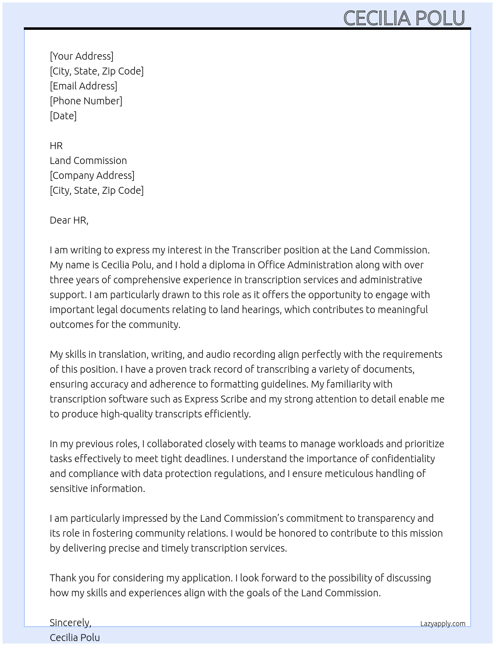 Cover letter for transcriber - LazyApply