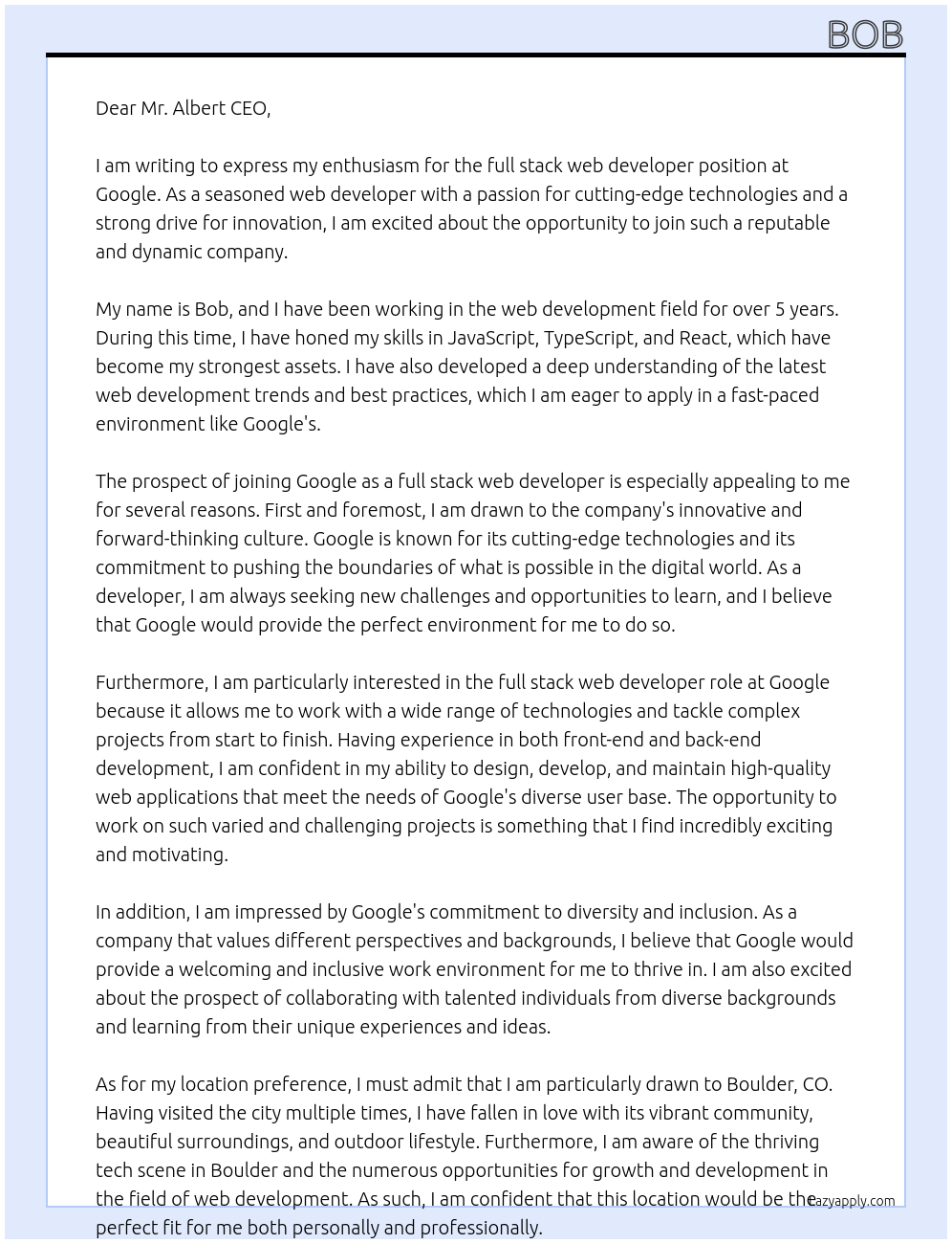 full stack web developer At google Cover Letter
