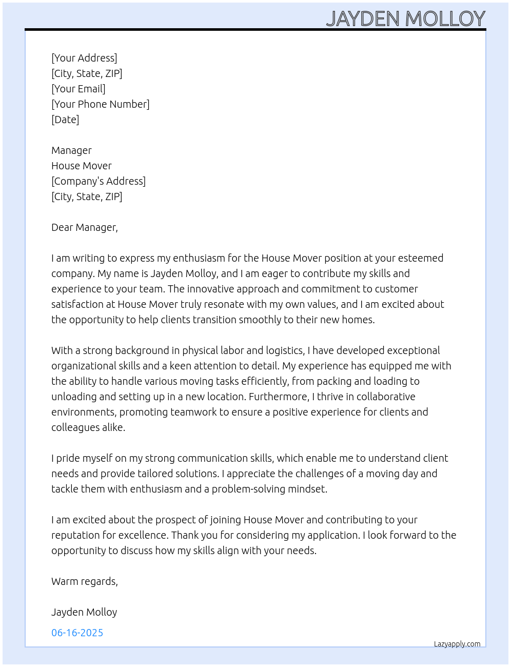 house mover At house mover Cover Letter