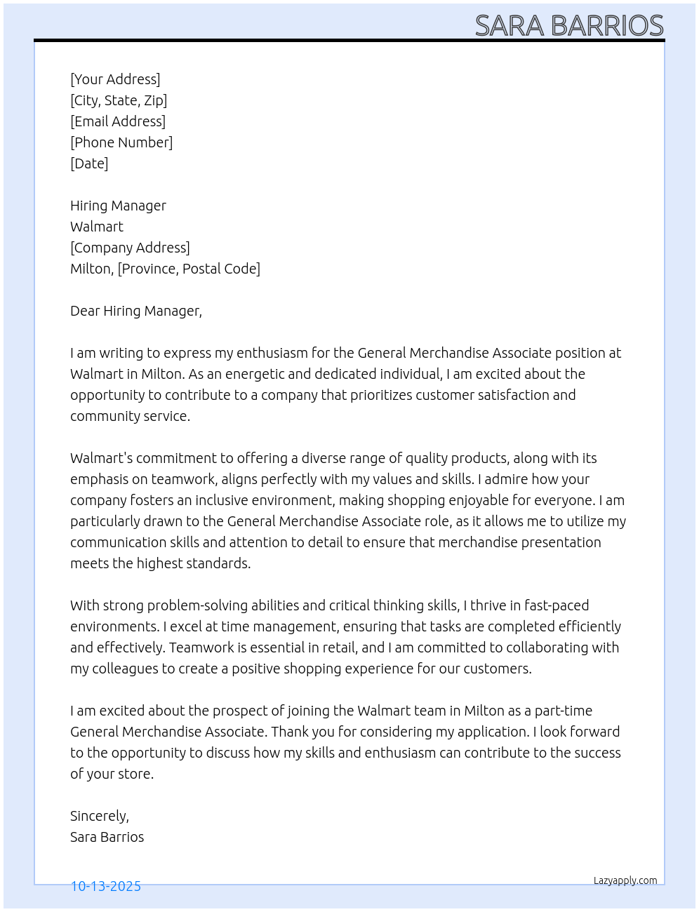 (CAN) General Merchandise Associate At Walmart Cover Letter