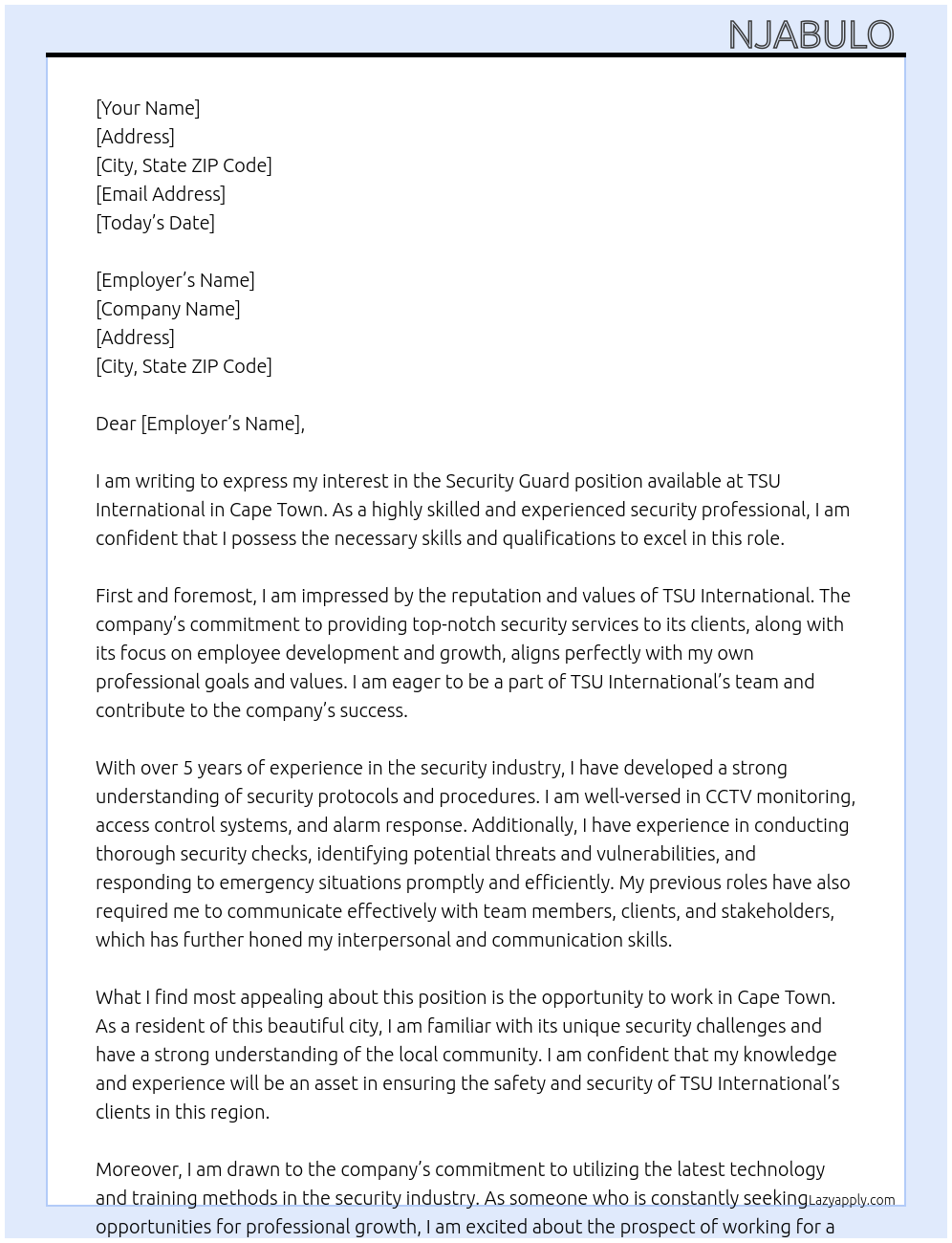 Security guard At TSU international Cover Letter