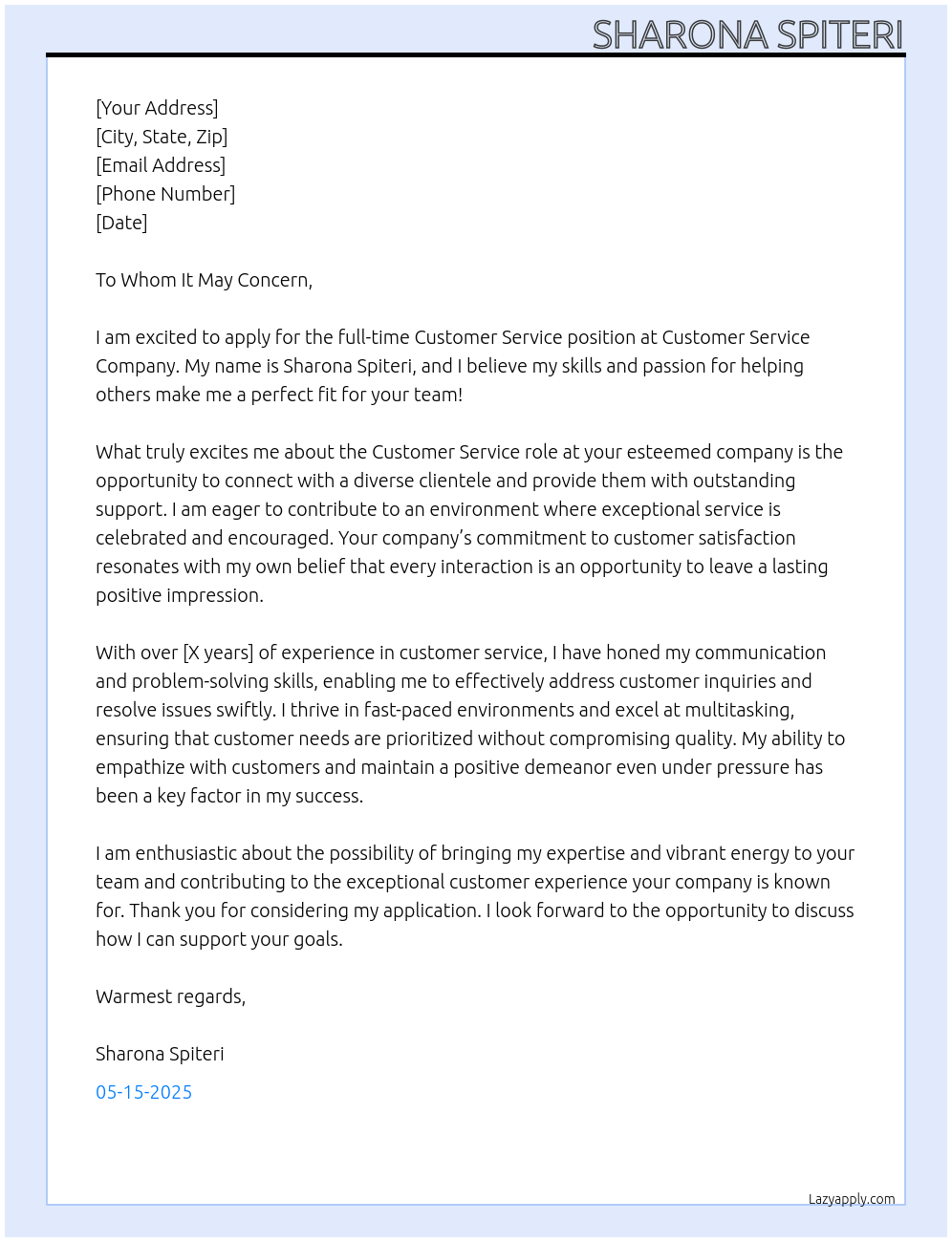 customer service At customer service Cover Letter
