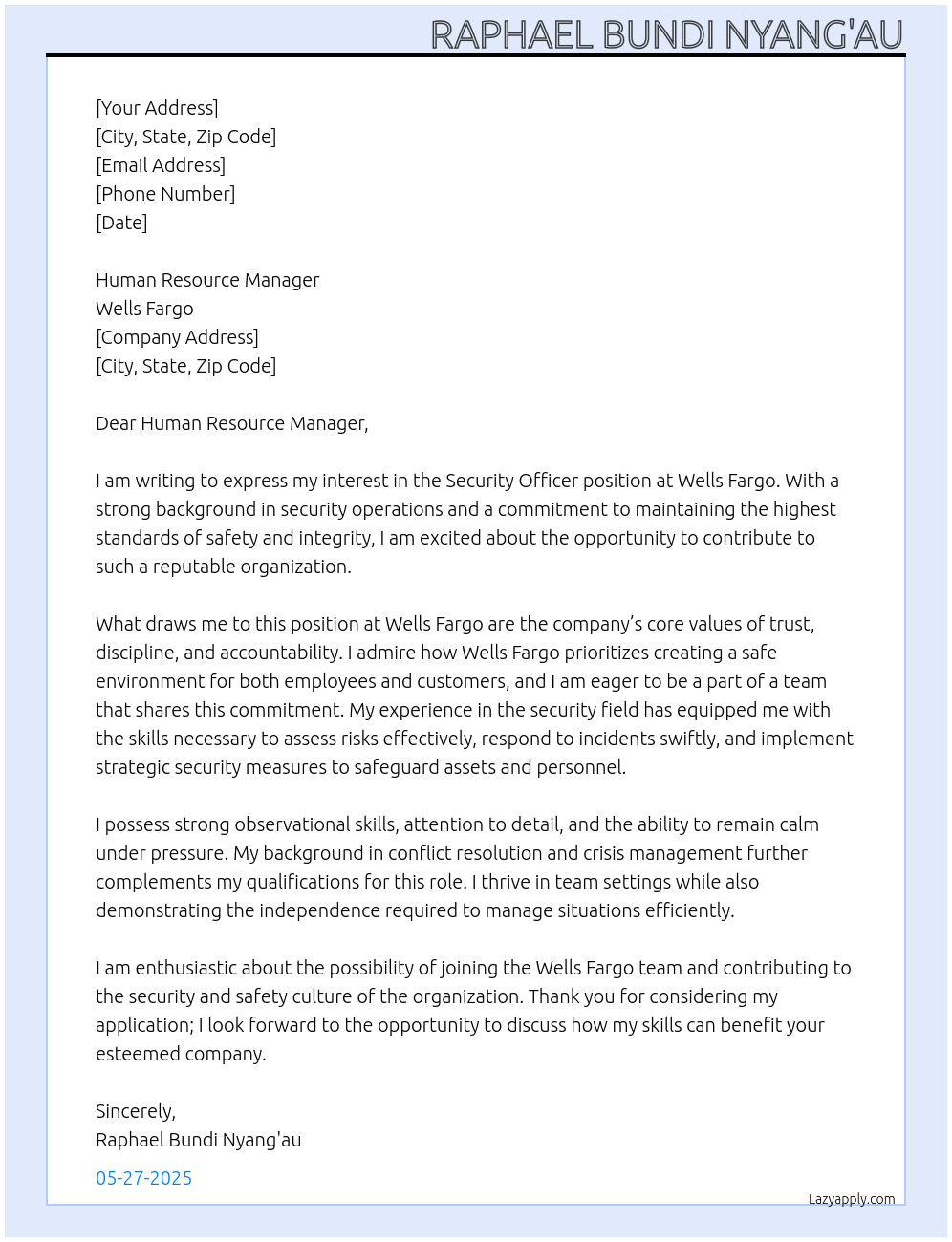 SECURITY OFFICER At WELLS FARGO Cover Letter