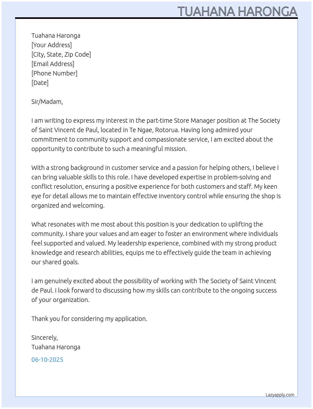 Store Manager At The Society of Saint Vincent e Paul Cover Letter