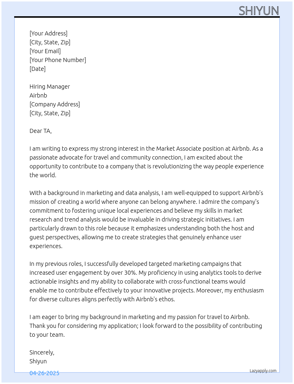 Market Associate At Airbnb Cover Letter
