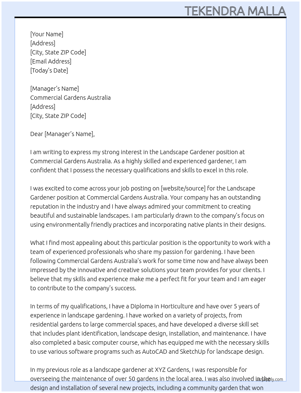 Cover letter for landscape gardener - LazyApply