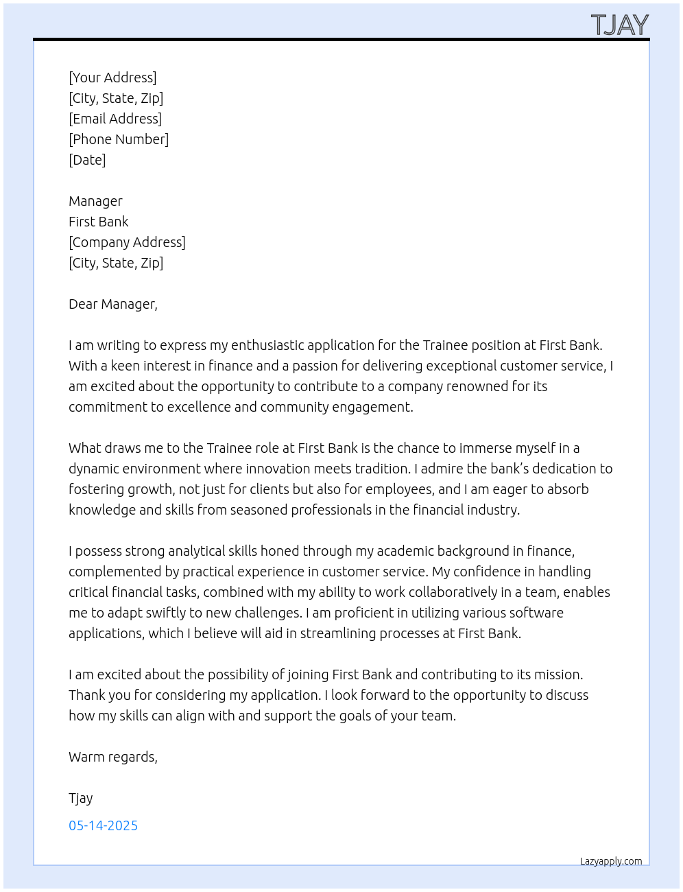 Trainee At First bank  Cover Letter