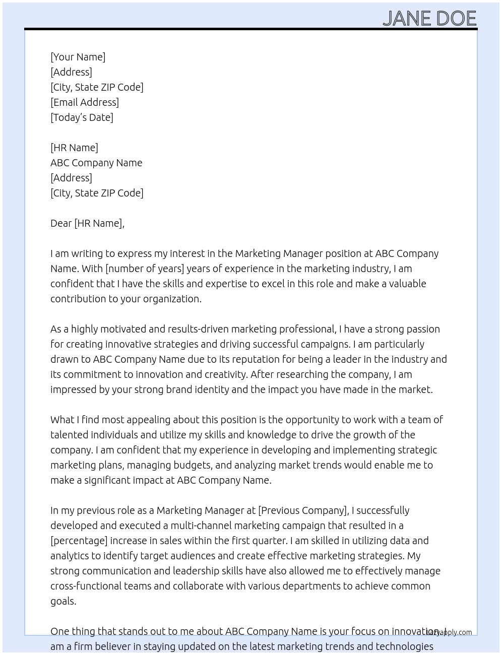 Marketing Manager At ABC Company Name Cover Letter