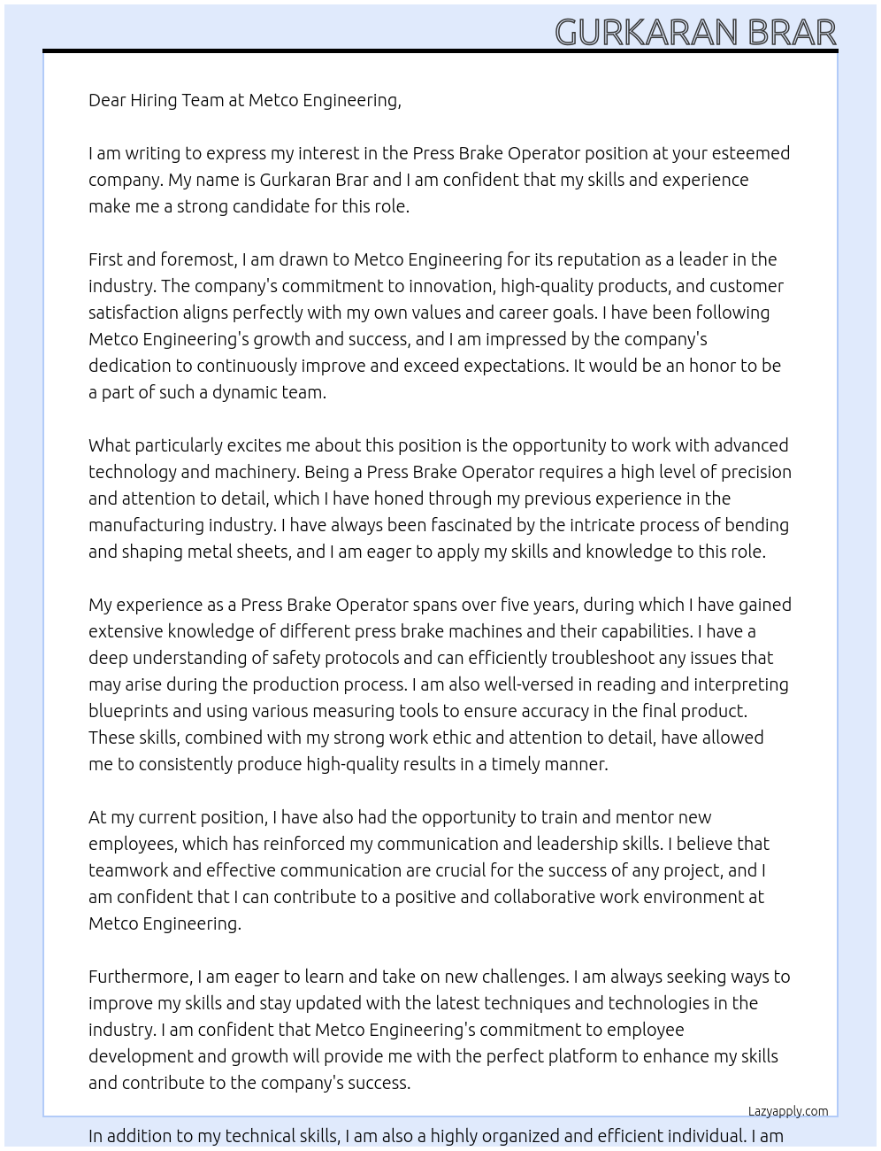 Cover letter for press brake operator - LazyApply