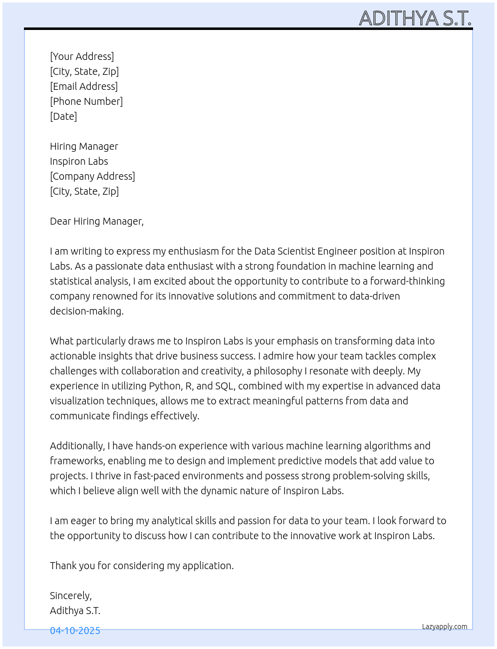 Data Scientist Engineer At Inspiron Labs  Cover Letter