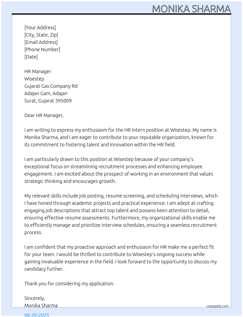 HR Intern At Wisestep Cover Letter