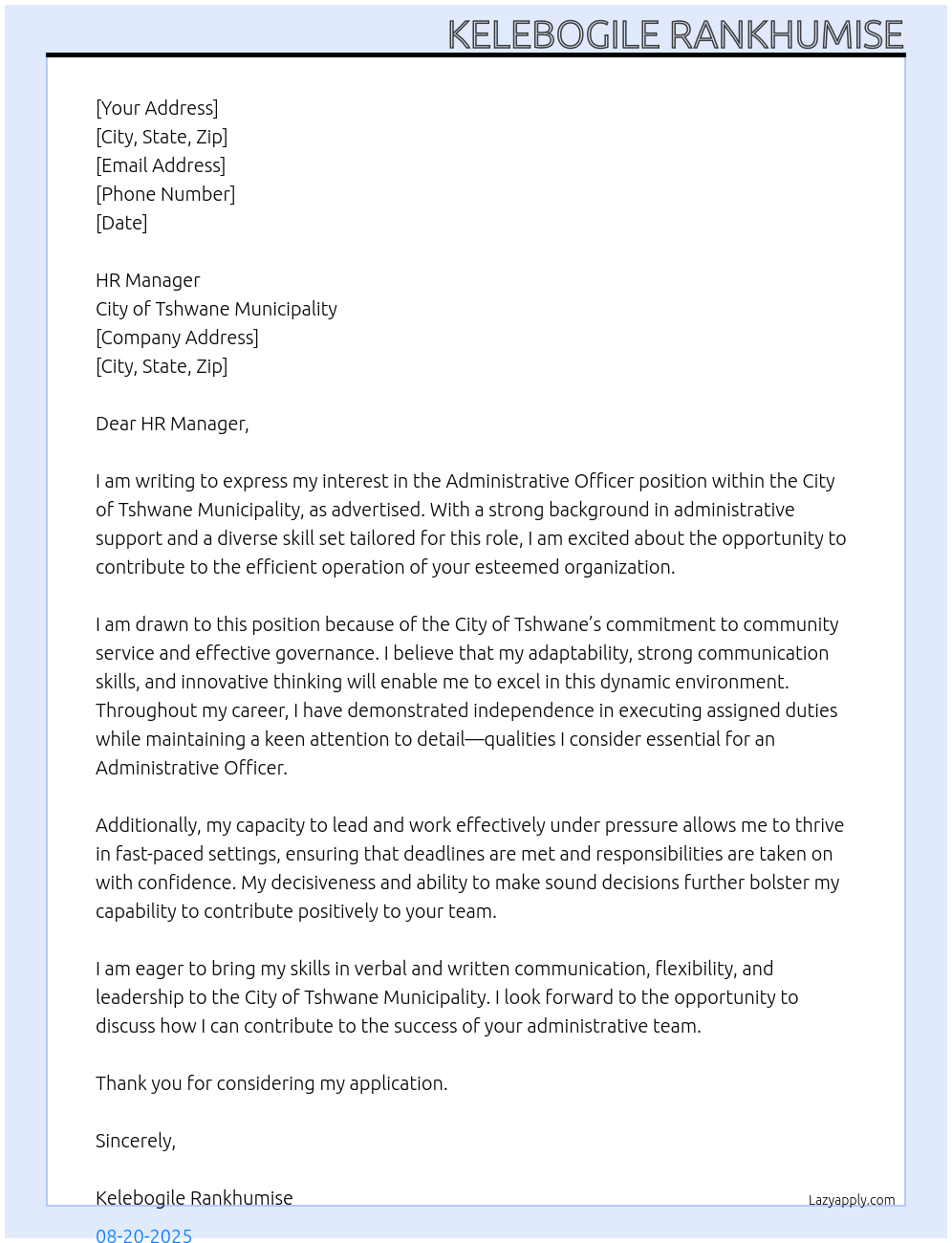 Administrative Officer At City of Tshwane municipality Cover Letter
