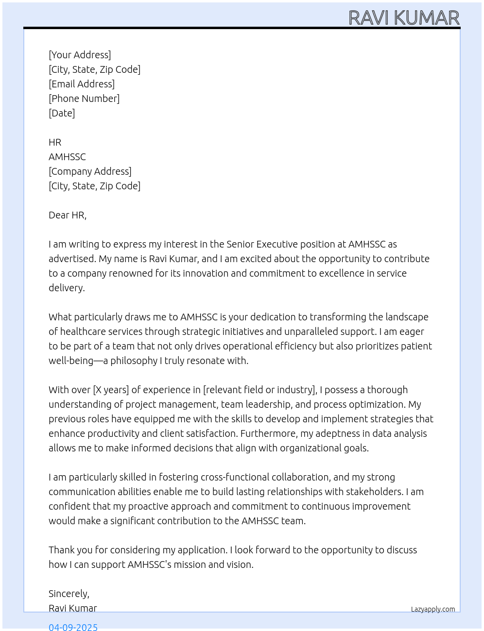 Senior Executive At AMHSSC Cover Letter