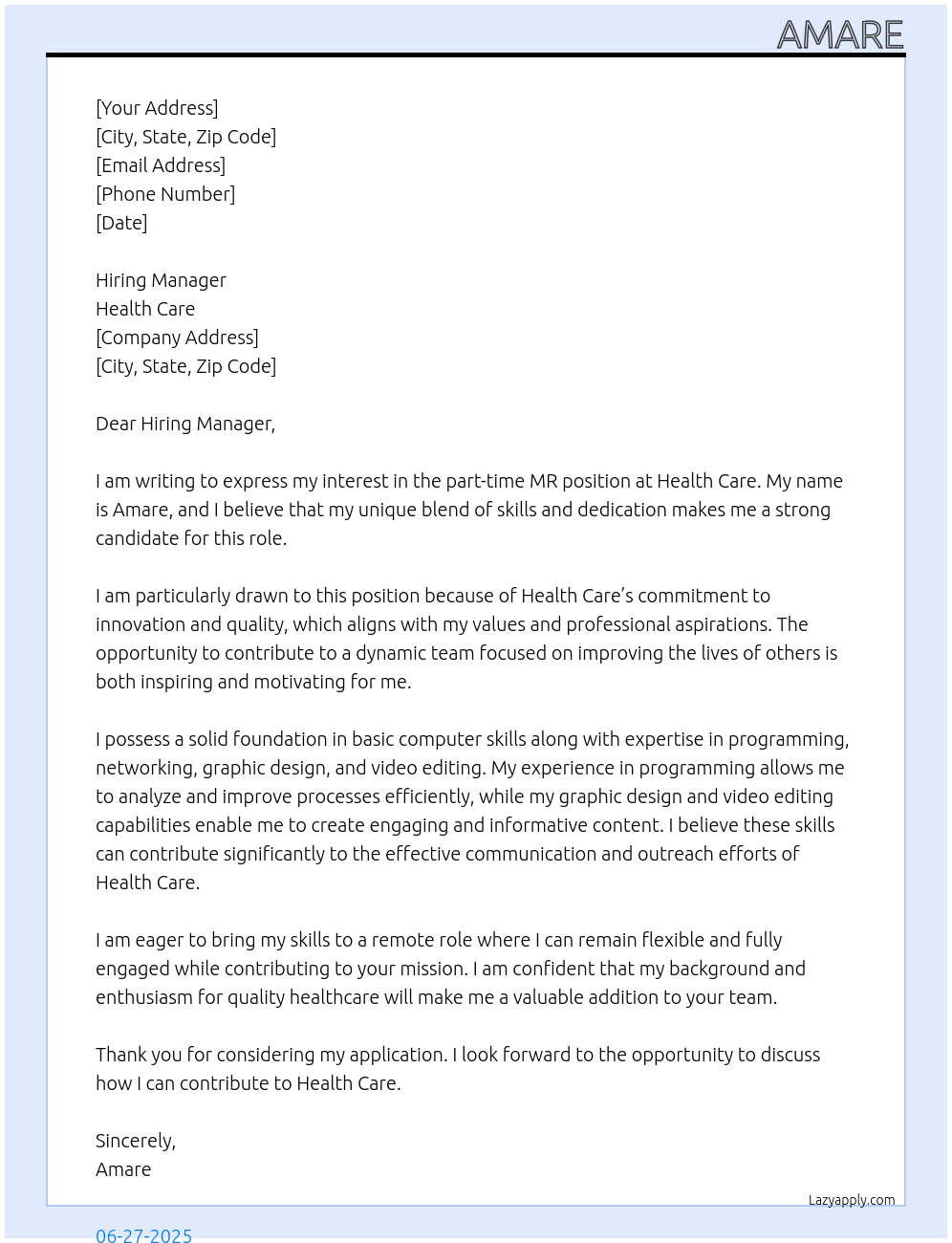 MR At health care Cover Letter