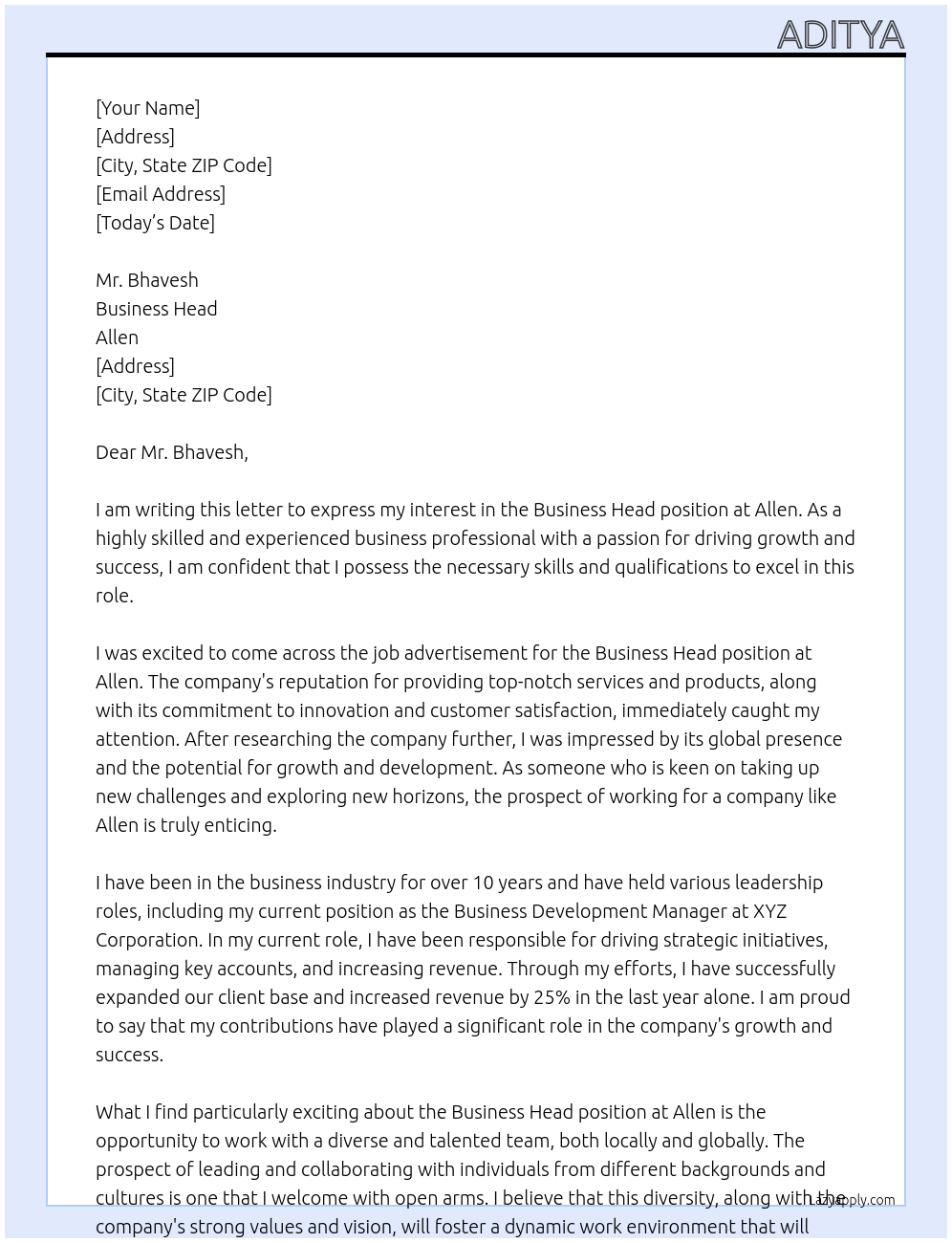 Business Head At Allen Cover Letter