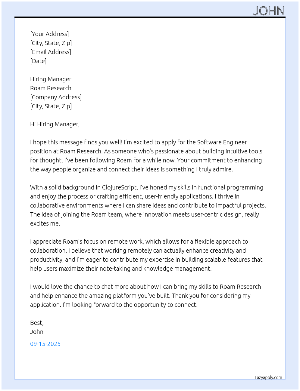 Software Engineer At Roam Research Cover Letter