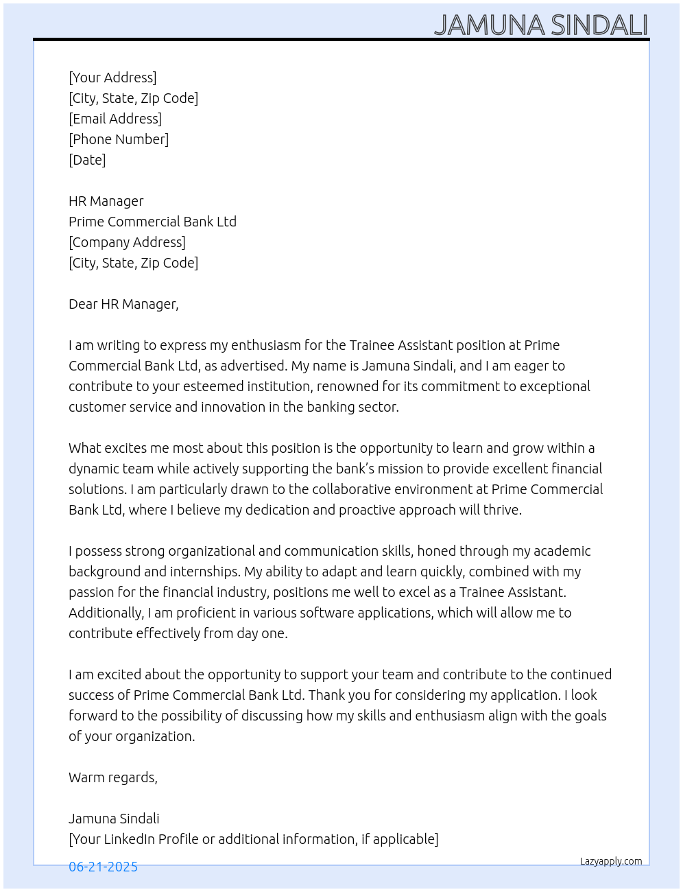 Trainee Assistant At Prime Commercial Bank Ltd Cover Letter