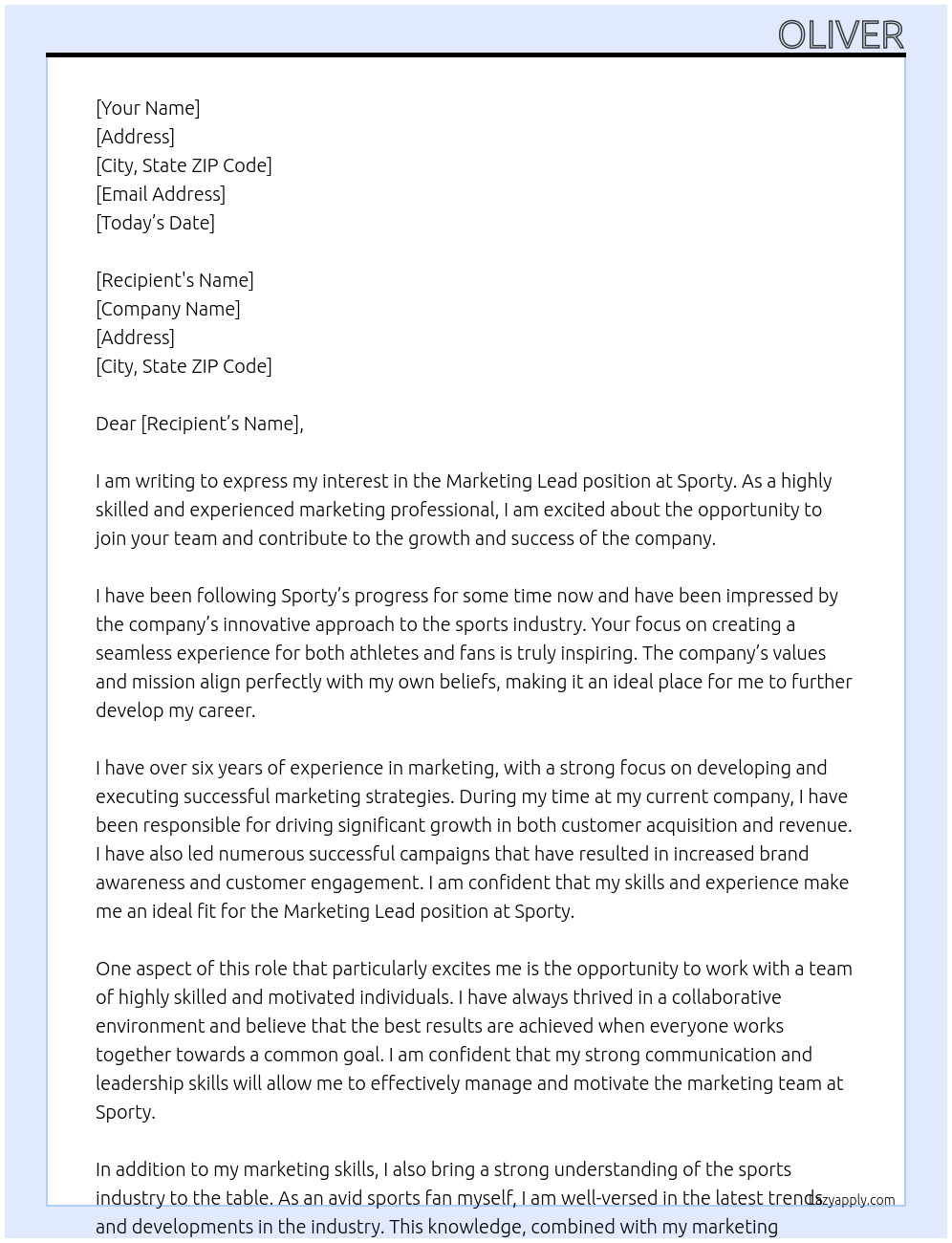 Marketing Lead At Sporty Cover Letter