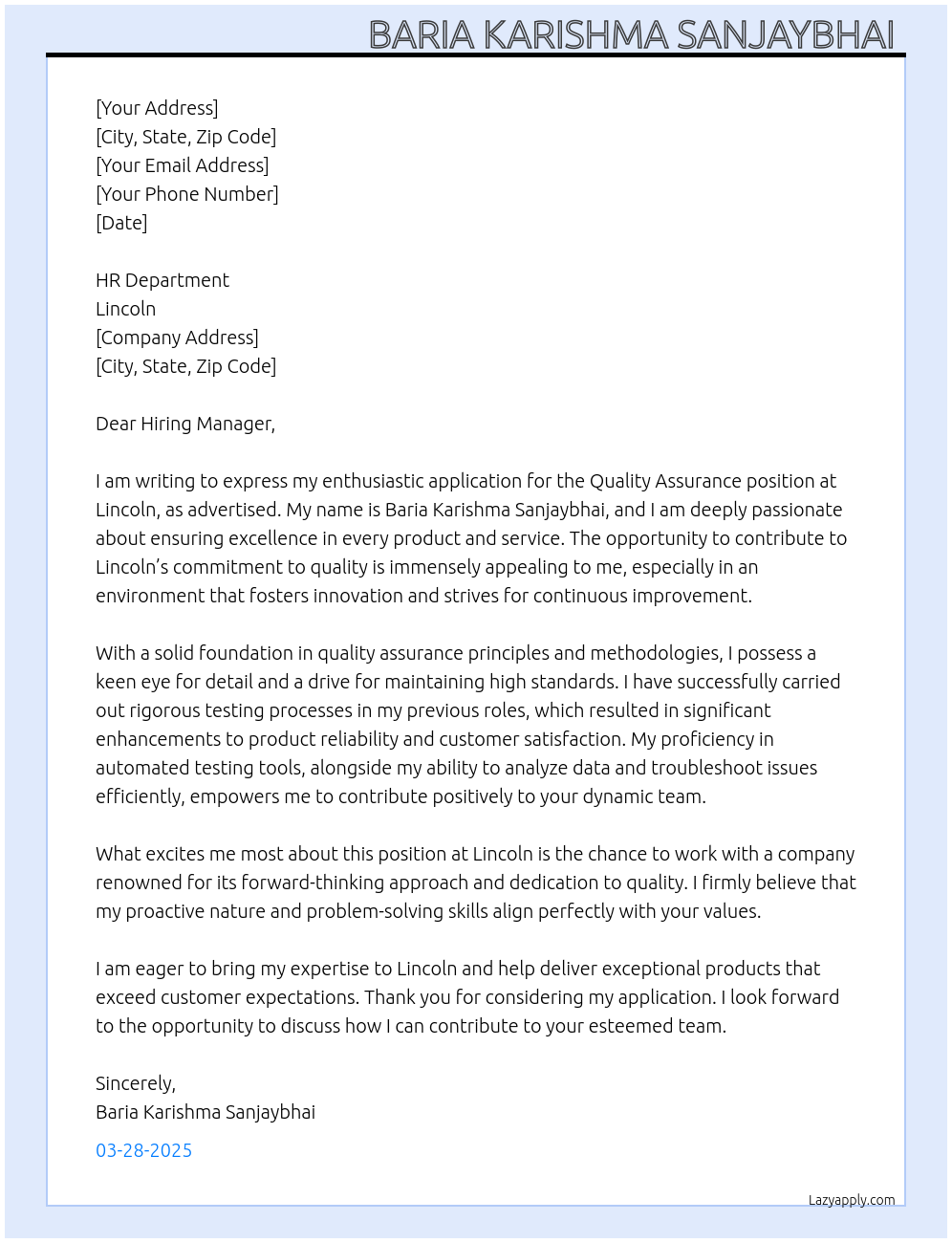 Quality assurance  At Lincoln  Cover Letter