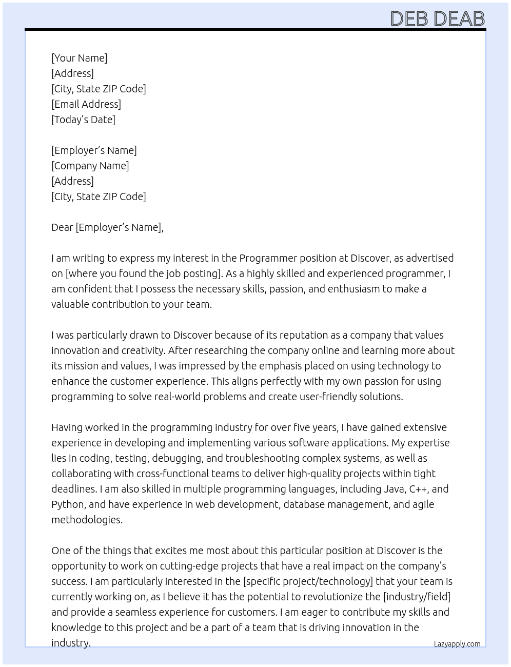 Programmer At Discover  Cover Letter