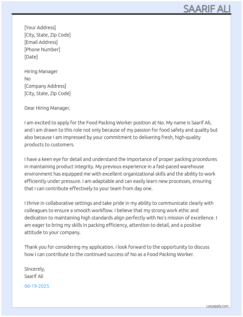 Food packing worker At No Cover Letter