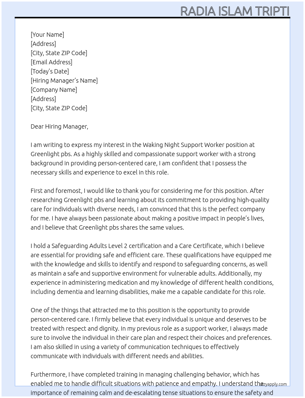 Waking night support worker  At Greenlight pbs  Cover Letter