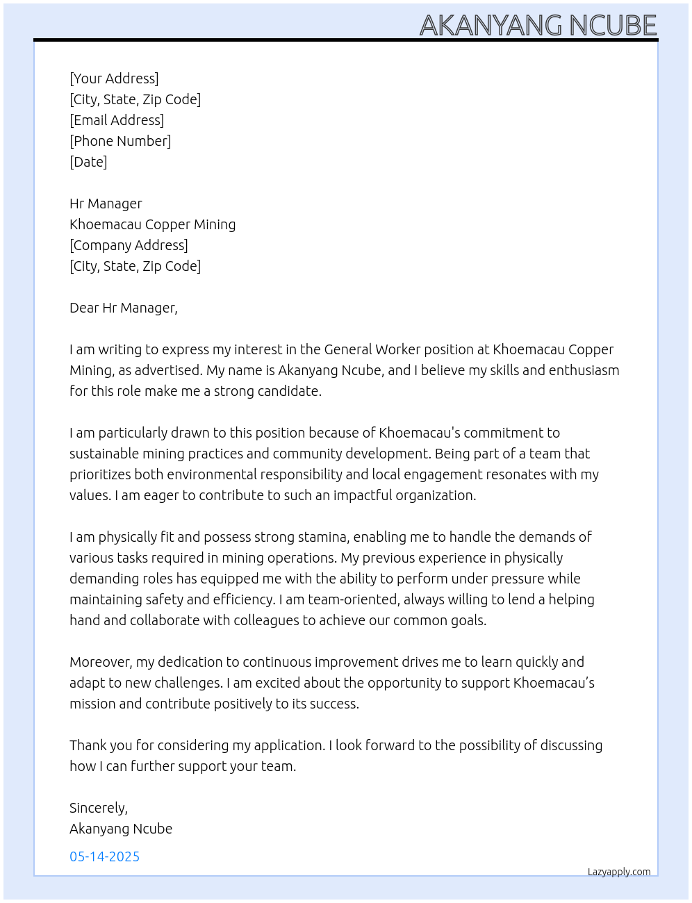 General worker At Khoemacau copper mining Cover Letter