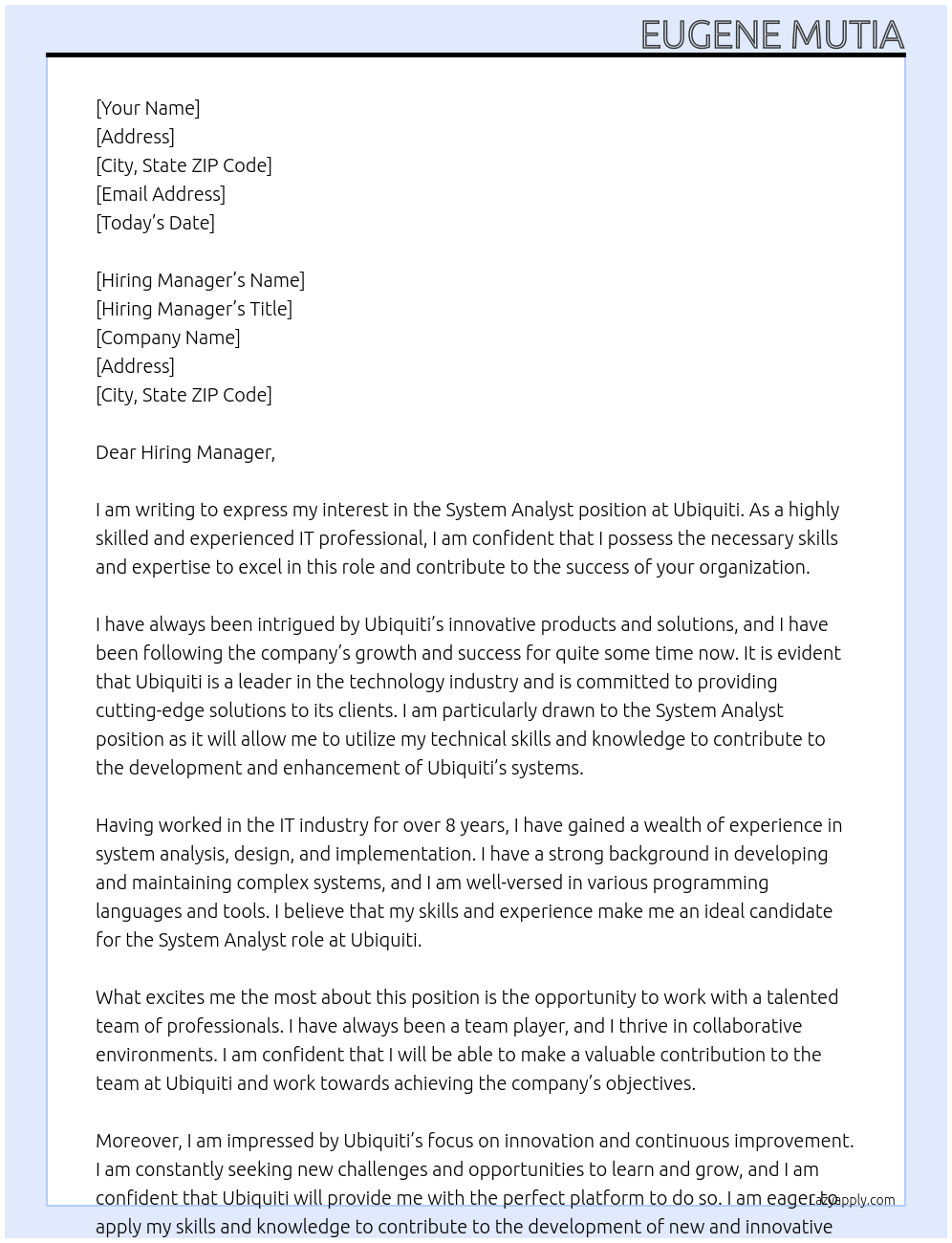 System Analyst At Ubiquiti Cover Letter