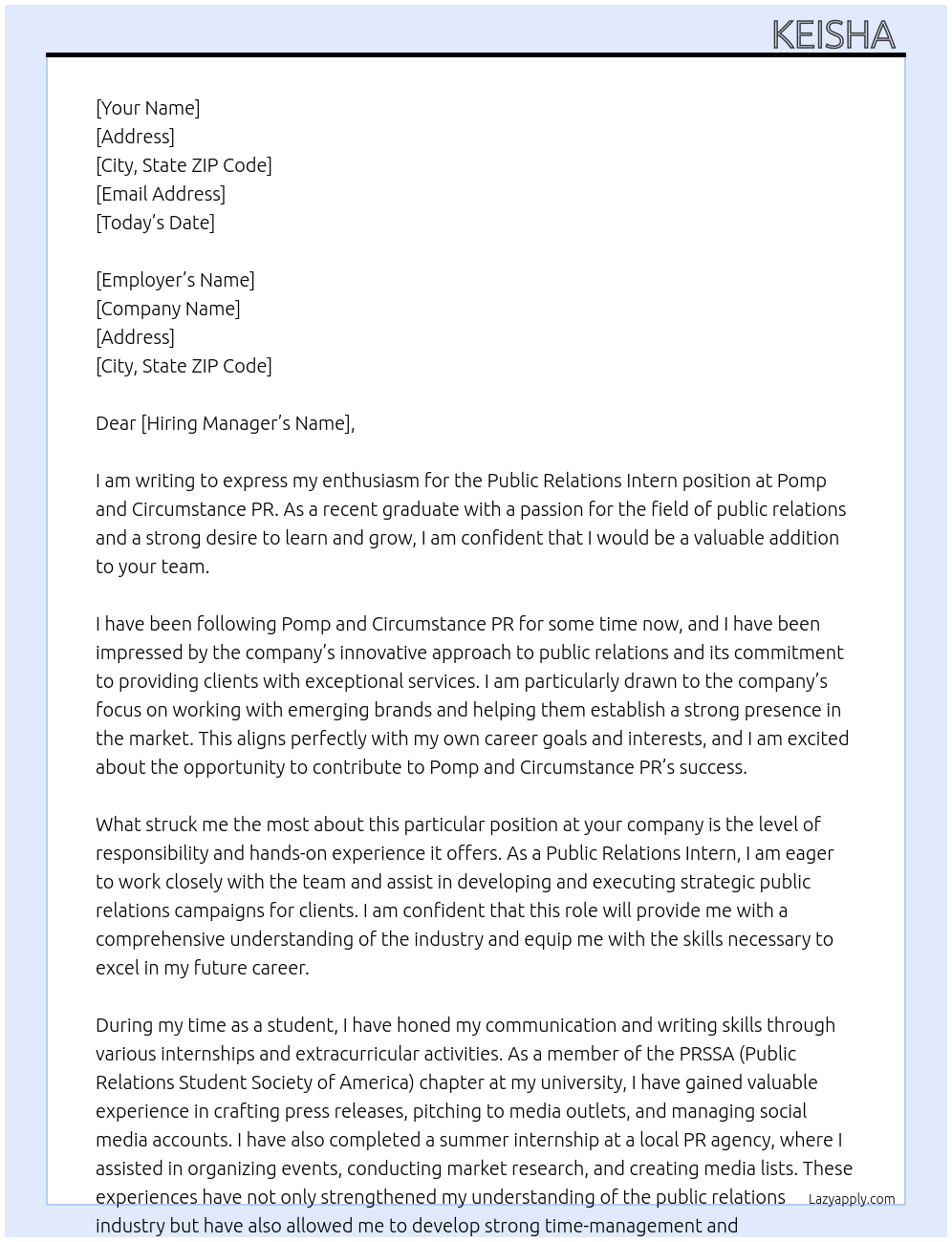 Cover letter for public relations intern - LazyApply