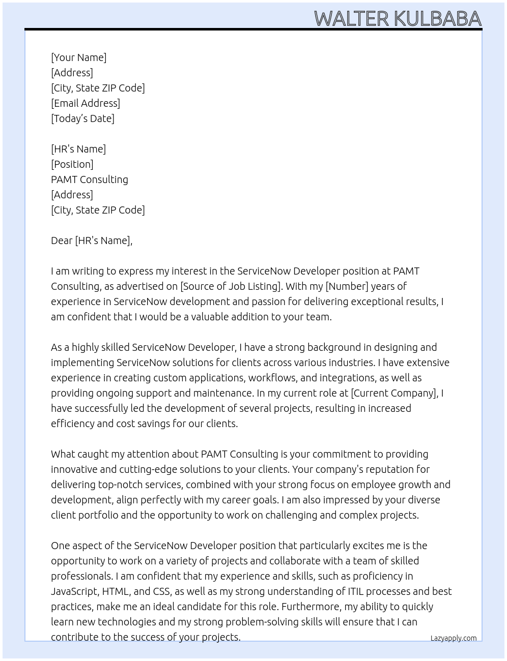 ServiceNow Developer At PAMT Consulting Cover Letter