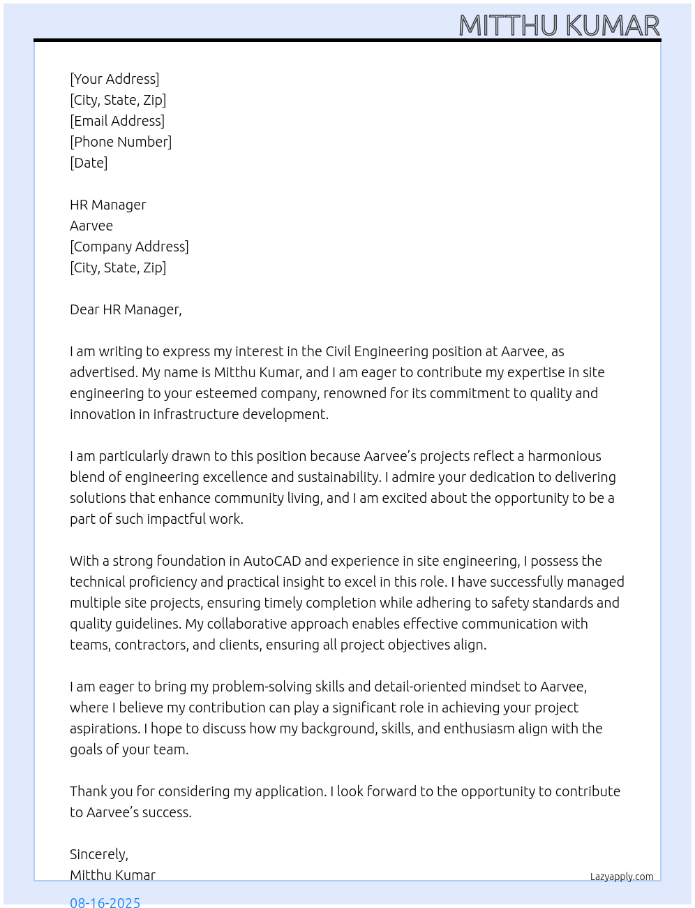 CIVIL ENGINEERING At Aarvee Cover Letter