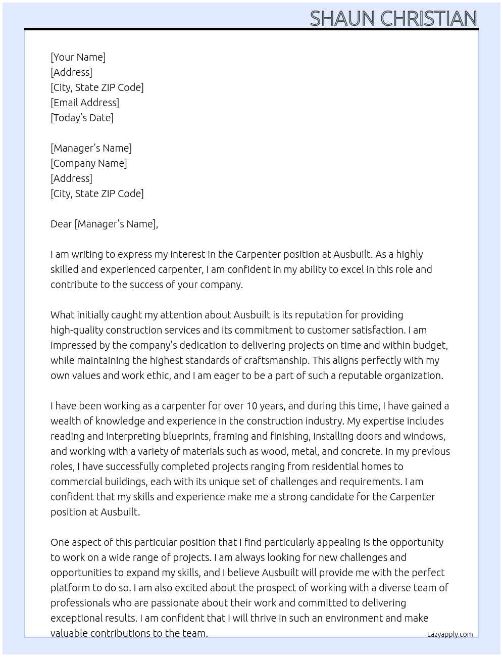 Carpenter At Ausbuilt Cover Letter