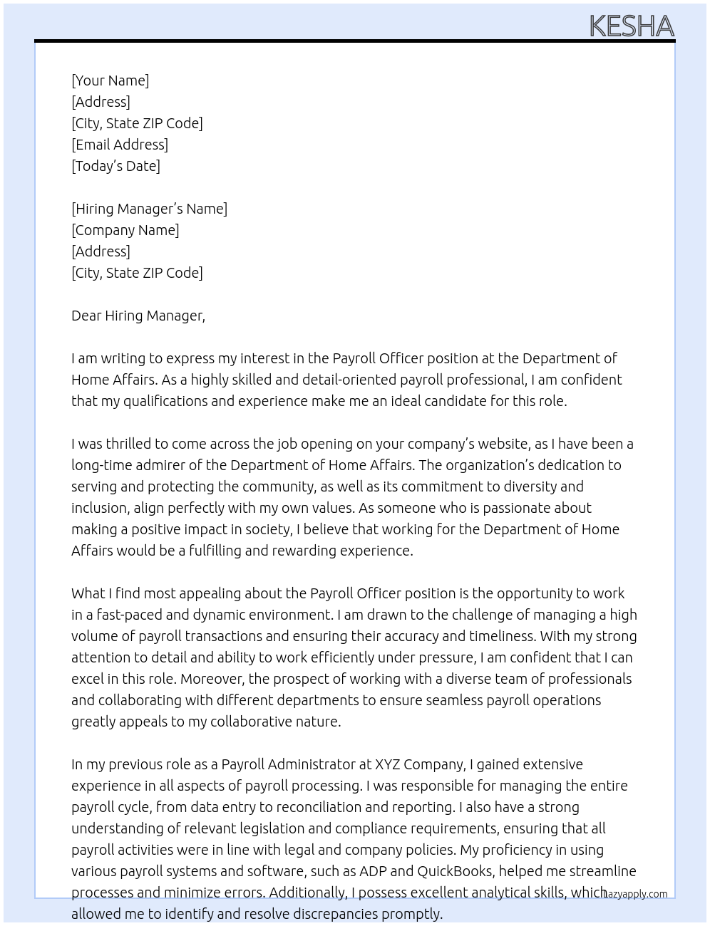 Payroll Officer At Department of Home Affairs Cover Letter