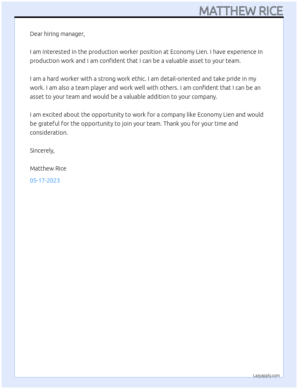 Production worker At Economy lien Cover Letter
