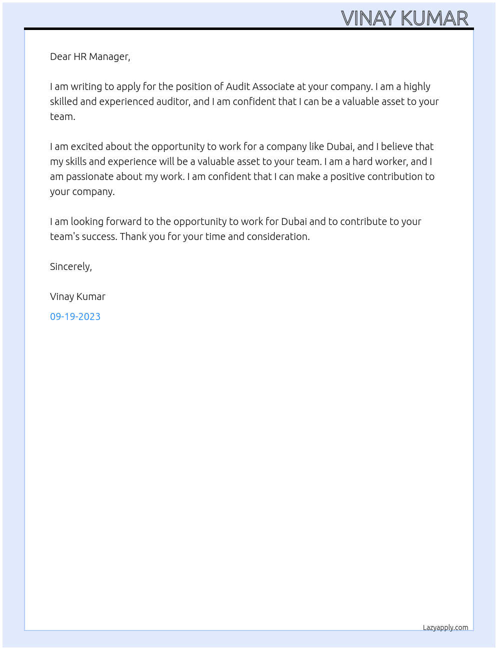 Audit associate At Dubai Cover Letter