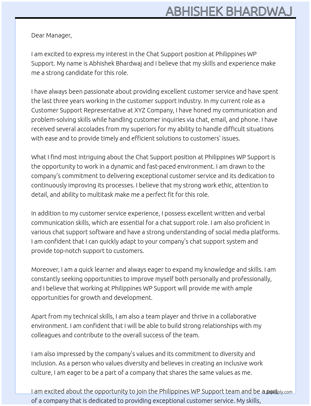 Chat support At Philippines WP Support Cover Letter