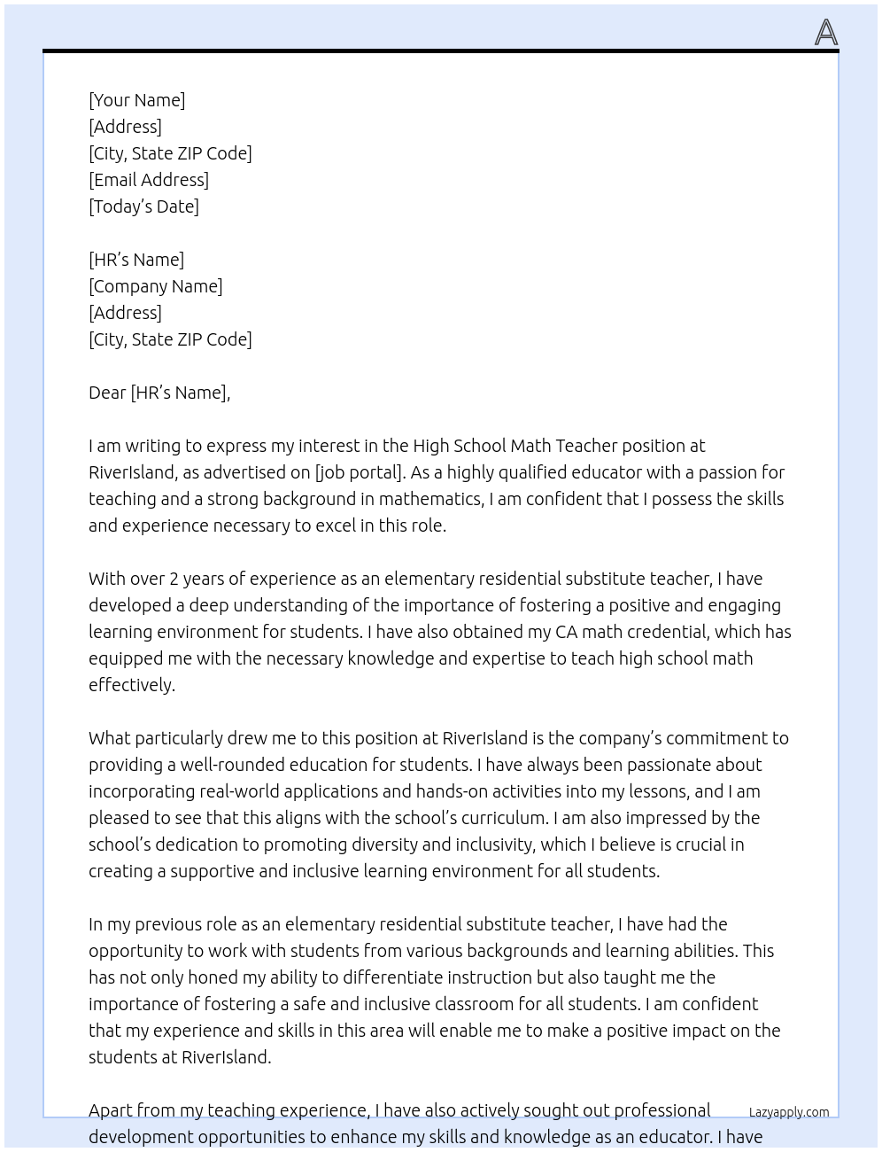 High School Math Teacher At RiverIsland Cover Letter