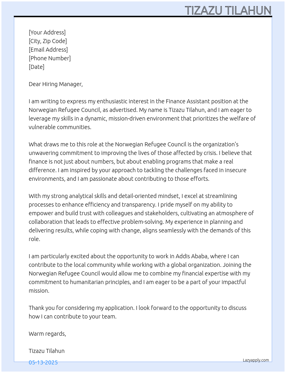 Finance Assistant At Norwegian Refugee Council Cover Letter