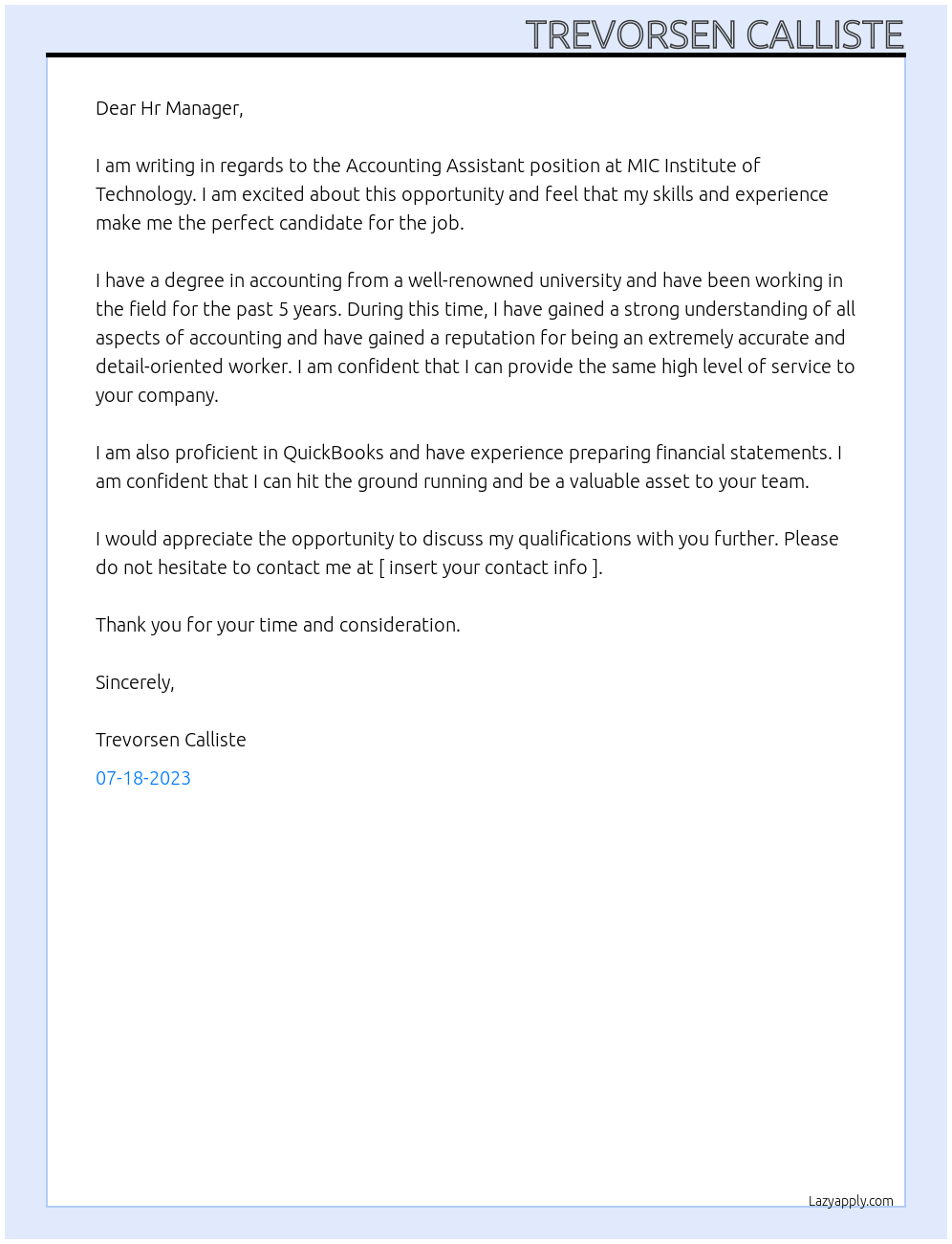 Accounting Assistant At MIC Institute of Technology Cover Letter