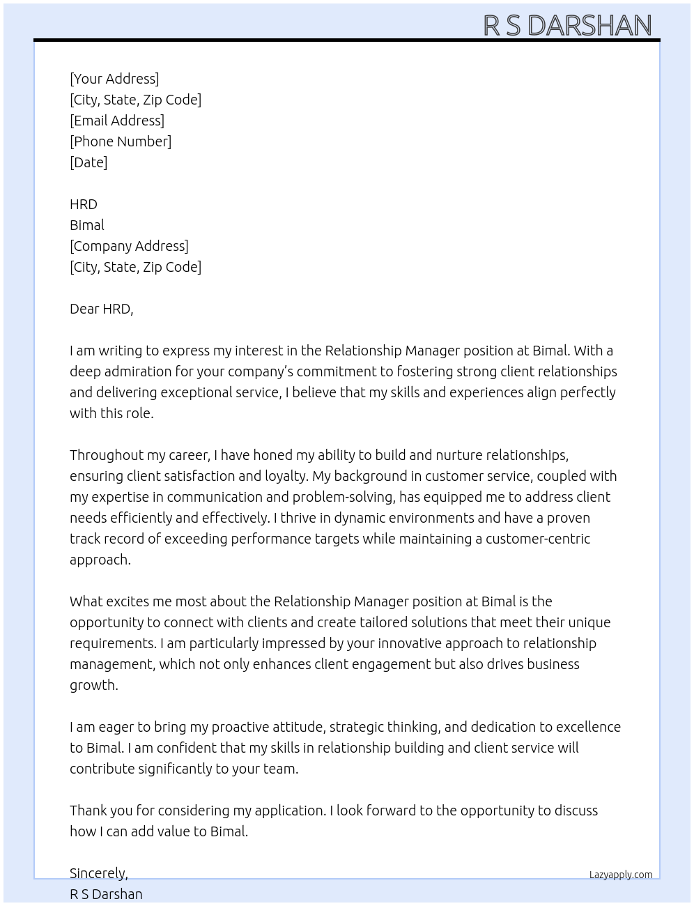 Relationship Manager At Bimal Cover Letter