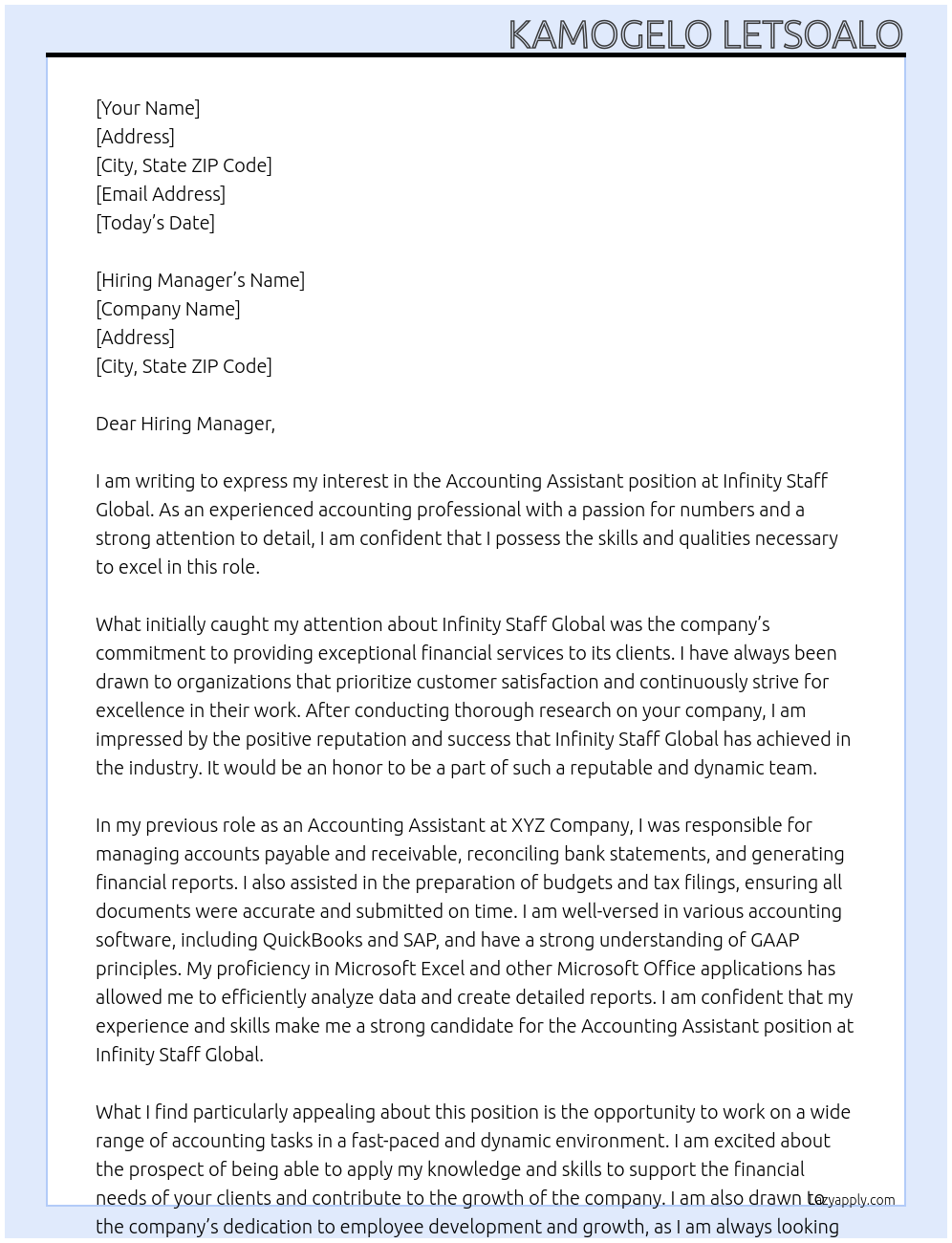 Accounting Assistant At Infinity Staff Global Cover Letter