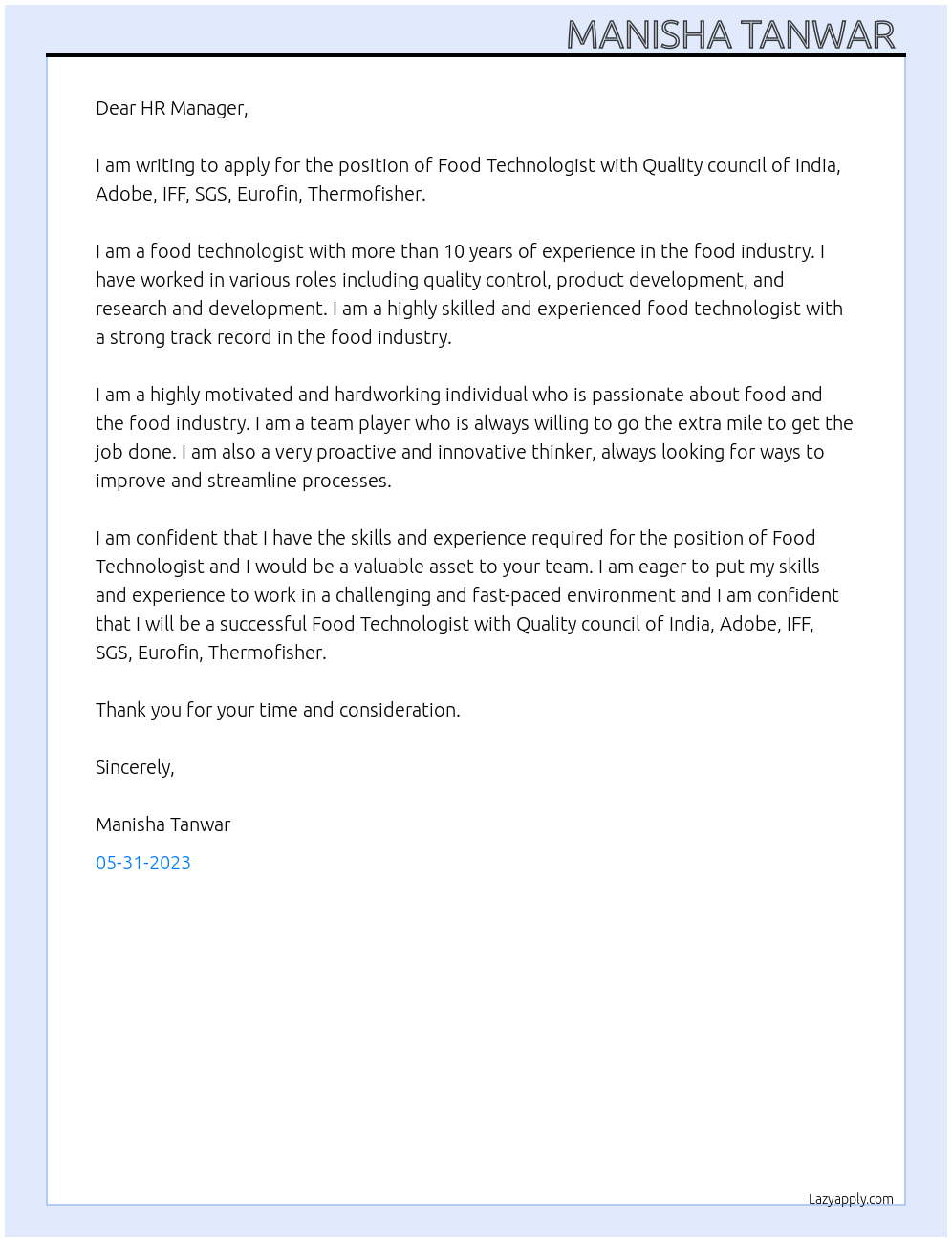 Food Technologist  At Quality council of India, Adobe, IFF, SGS, Eurofin, Thermofisher Cover Letter