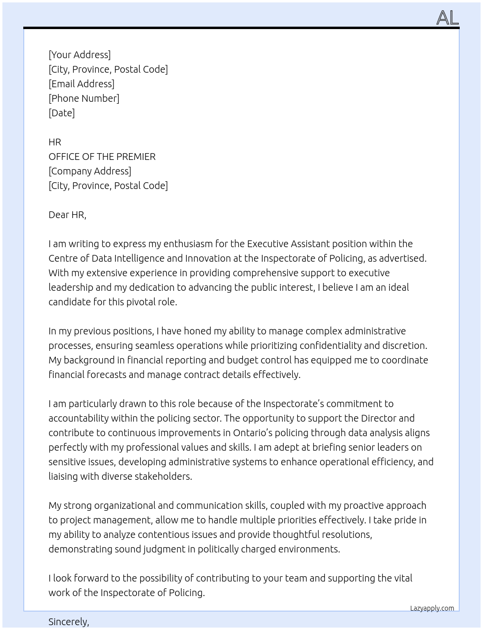 Executive Assistant At OFFICE OF THE PREMIER Cover Letter