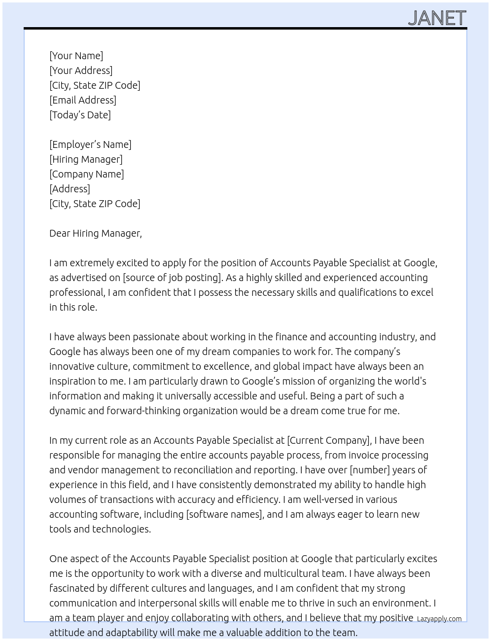 Accounts Payable Specialist At google Cover Letter