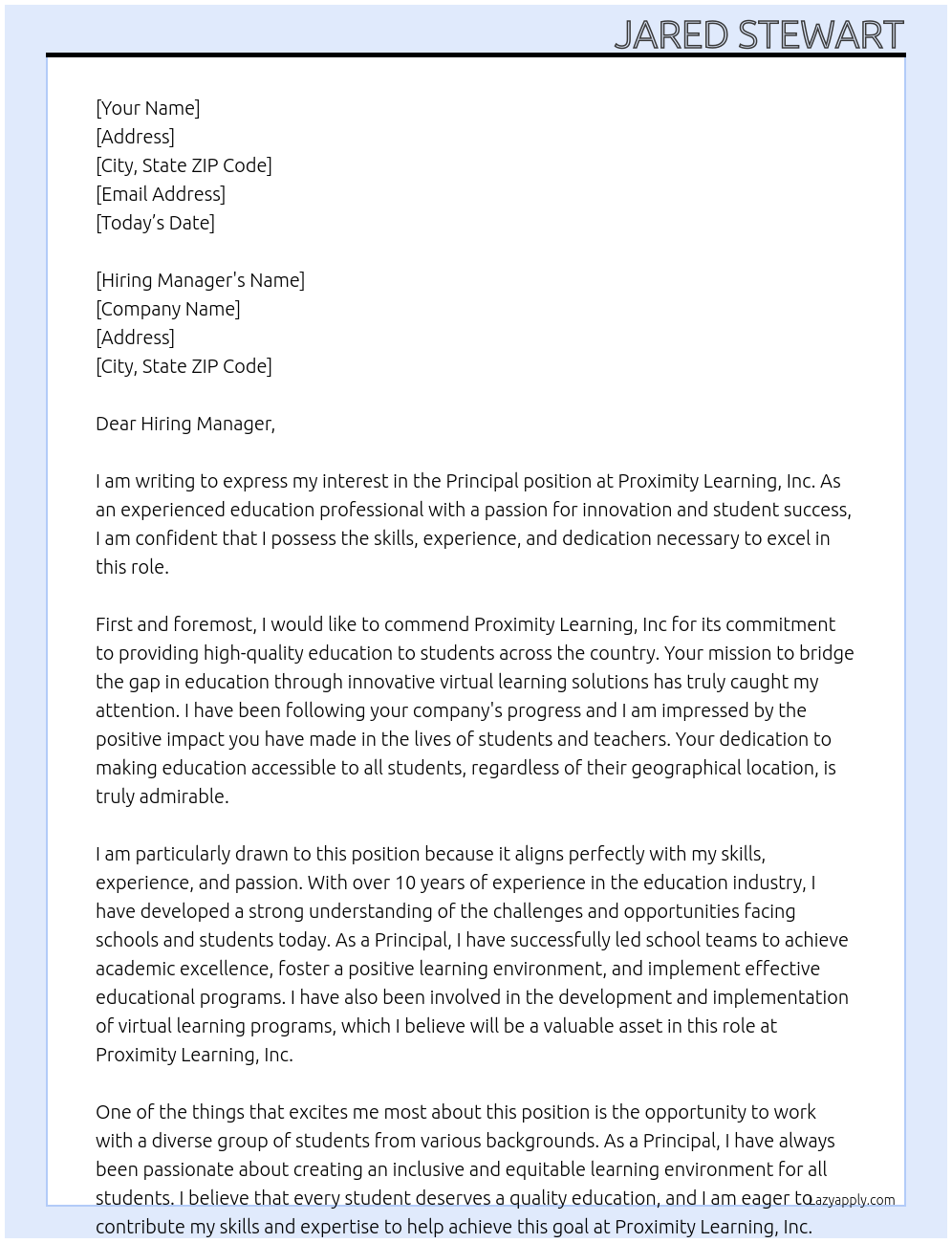 Principal At Proximity Learning, Inc Cover Letter