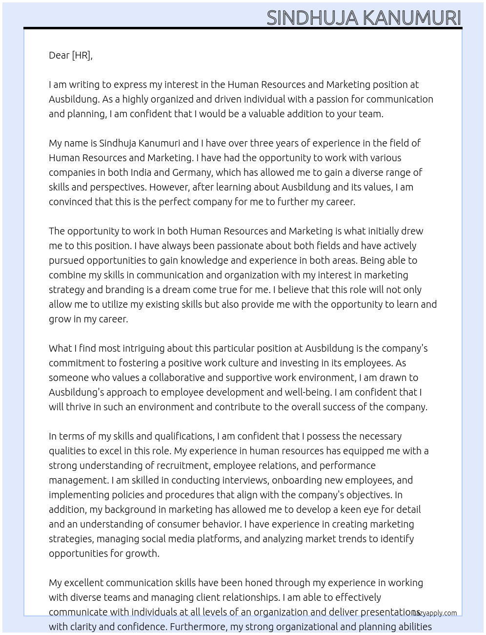 human resources and marketing At ausbildung Cover Letter