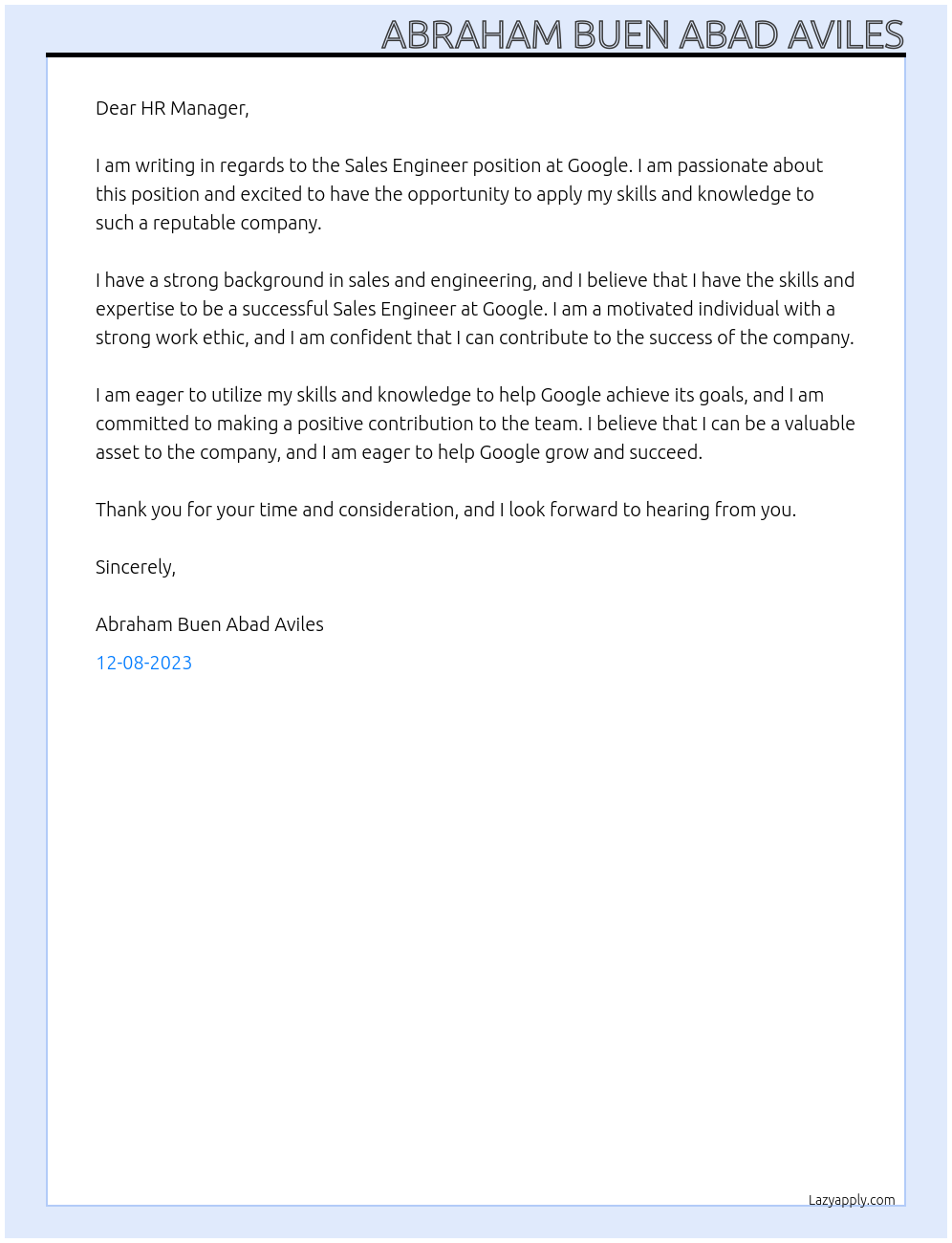 Sales Engineer At Google Cover Letter